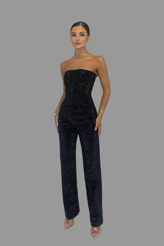 Ensemble pantalon Liora pour femme | Haut scintillant et jean taille haute 0