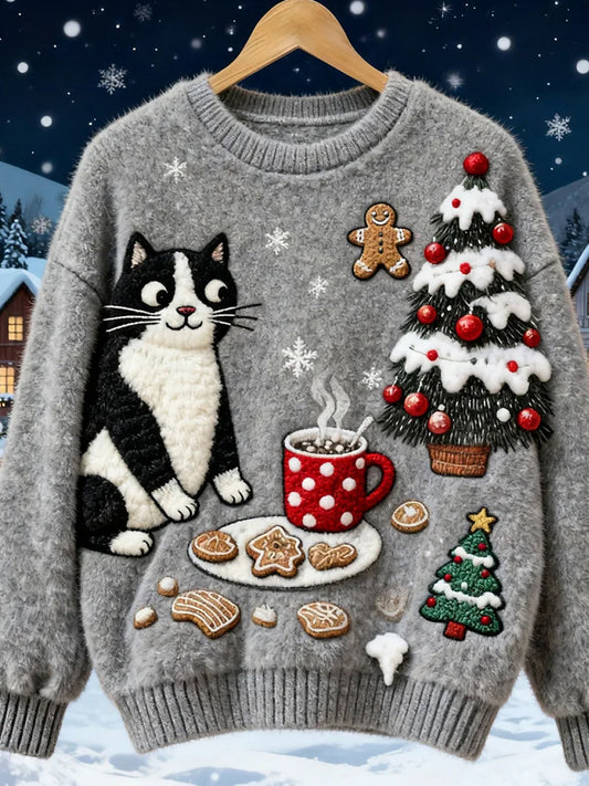 Sweatshirt en Flanelle Confortable avec Imprimé Art Animaux de Noël Retro pour Femmes
