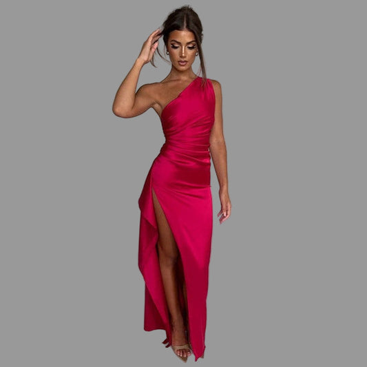 Robe maxi Genova pour femme | Robe longue asymétrique en satin pour événements formels 0