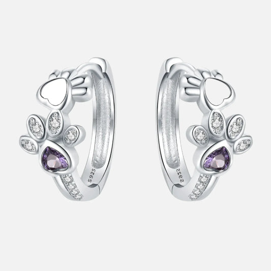 Boucles d'oreilles Paw Huggie en argent avec zircons et gemme en forme de cœur